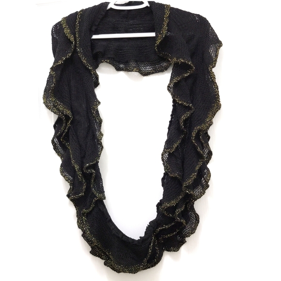 `H25442 Black & Gold Ruffled Infinity Scarf - Picture 1 of 5